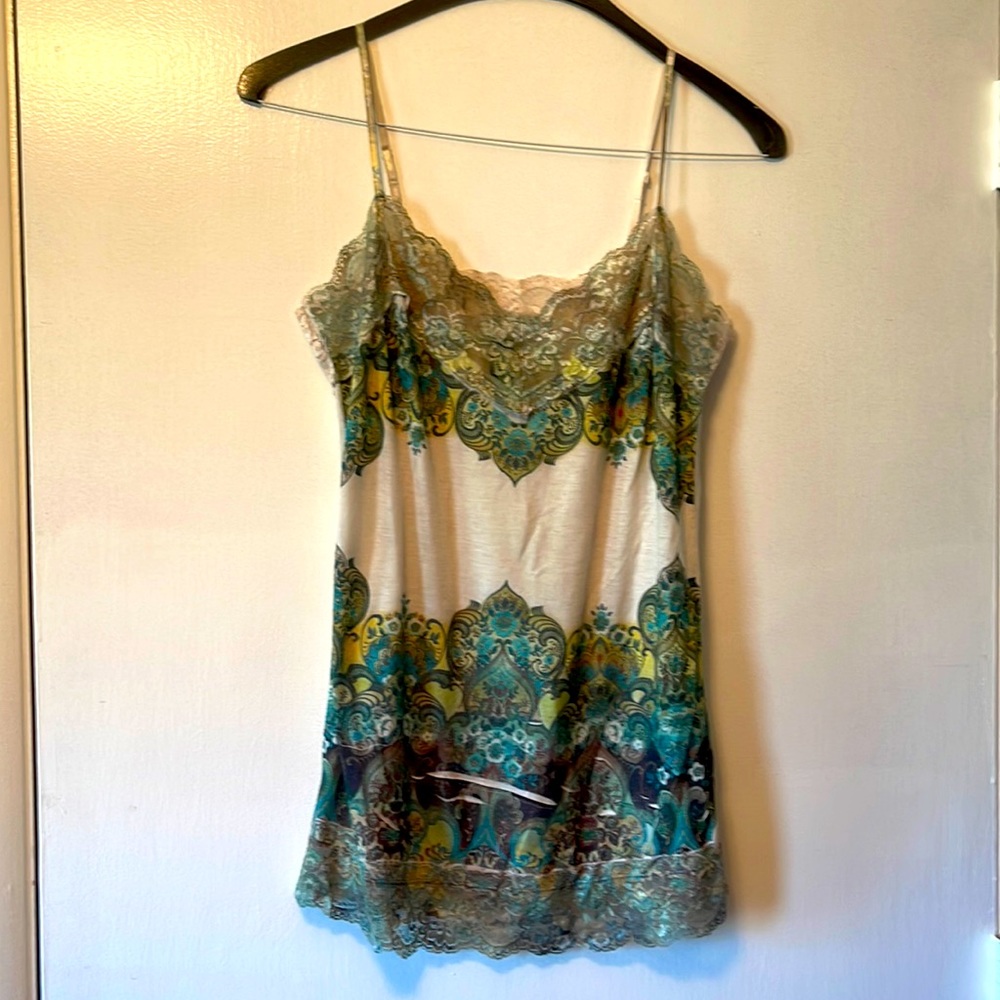 Large Weavers Spaghetti strap tank, rustic paisley, green and cream